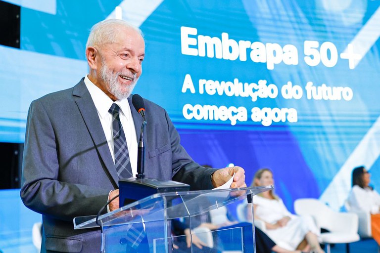 Presidente Lula durante evento que marca o aniversário de 51 anos da Embrapa, nesta quinta-feira (25), em Brasília