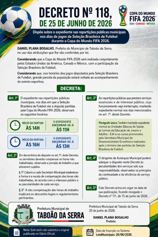 Decreto 118 Taboão da Serra Copa 2026