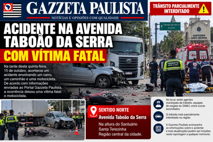 Acidente grave entre carro, caminhão e moto deixa um morto na Avenida Taboão da Serra