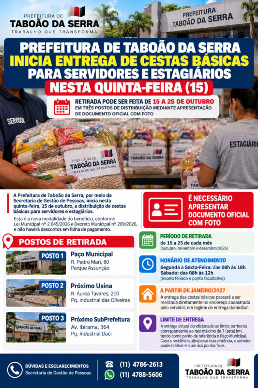 Prefeitura de Taboão inicia entrega de cestas básicas para servidores nesta quinta (15)