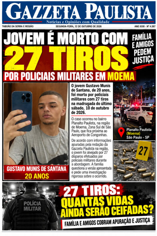 Capa dramática sobre justiça e investigação Jovem de 20 anos é morto com 27 tiros em abordagem policial no Planalto Paulista