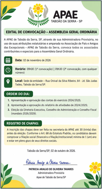 APAE de Taboão da Serra convoca Assembleia Geral para eleição de diretoria