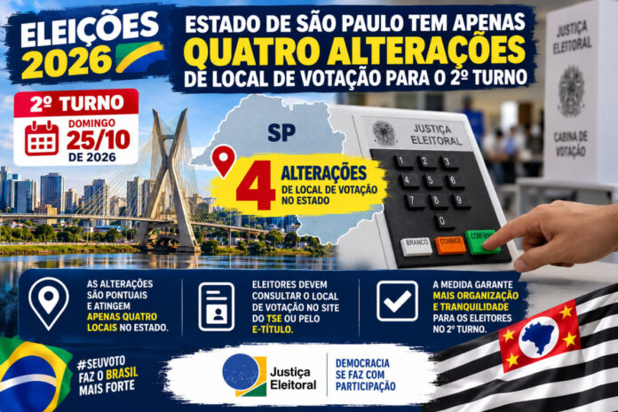 Eleições 2026_ Alterações em São Paulo Eleições 2026: Estado de São Paulo tem apenas quatro alterações de local de votação para o 2º turno