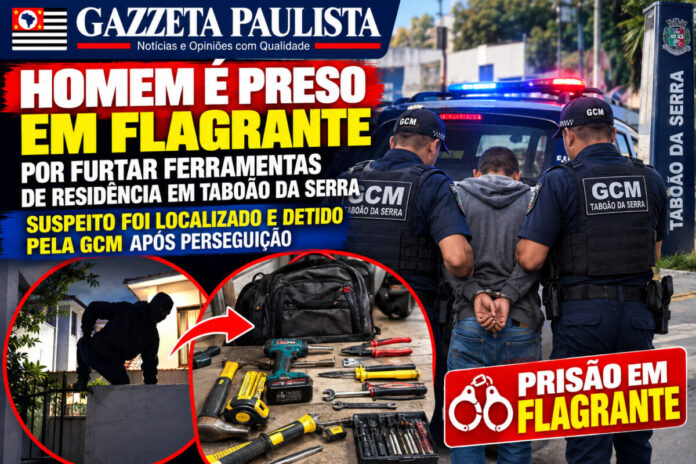 HOMEM PRESO COM FERRAMENTAS FURTADAS omem é preso em flagrante pela GCM após furtar residência e tentar fugir em Taboão