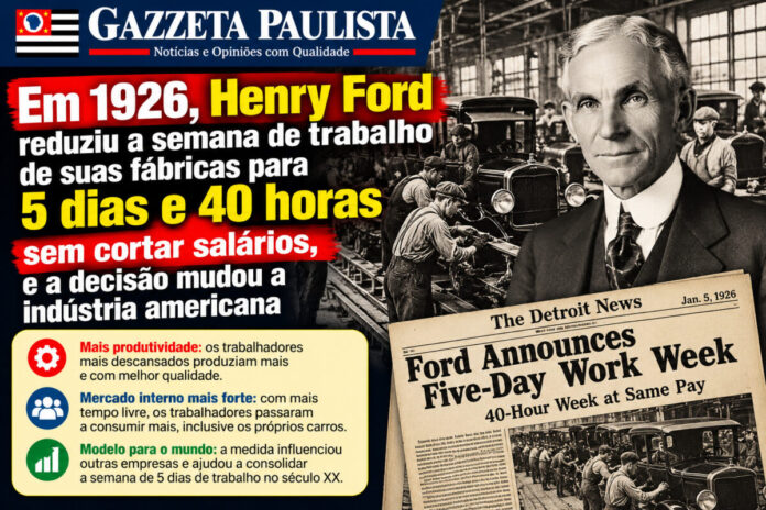 Henry Ford e a Semana de 40 Horas Em 1926, Henry Ford reduziu a semana de trabalho para 5 dias e mudou a indústria
