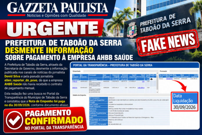 URGENTE: Prefeitura de Taboão da Serra Desmente Informação Falsa sobre Repasse à HABB Saúde no PS da Antena e Maternidade